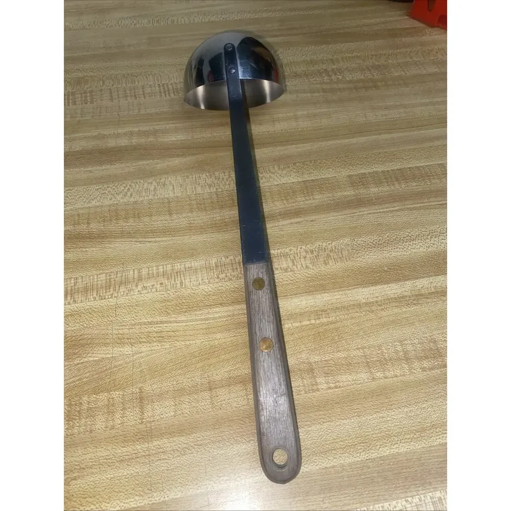 VTG MCM Stainless Steel Soup Ladle Brass Riveted Wood Handle 12” Long